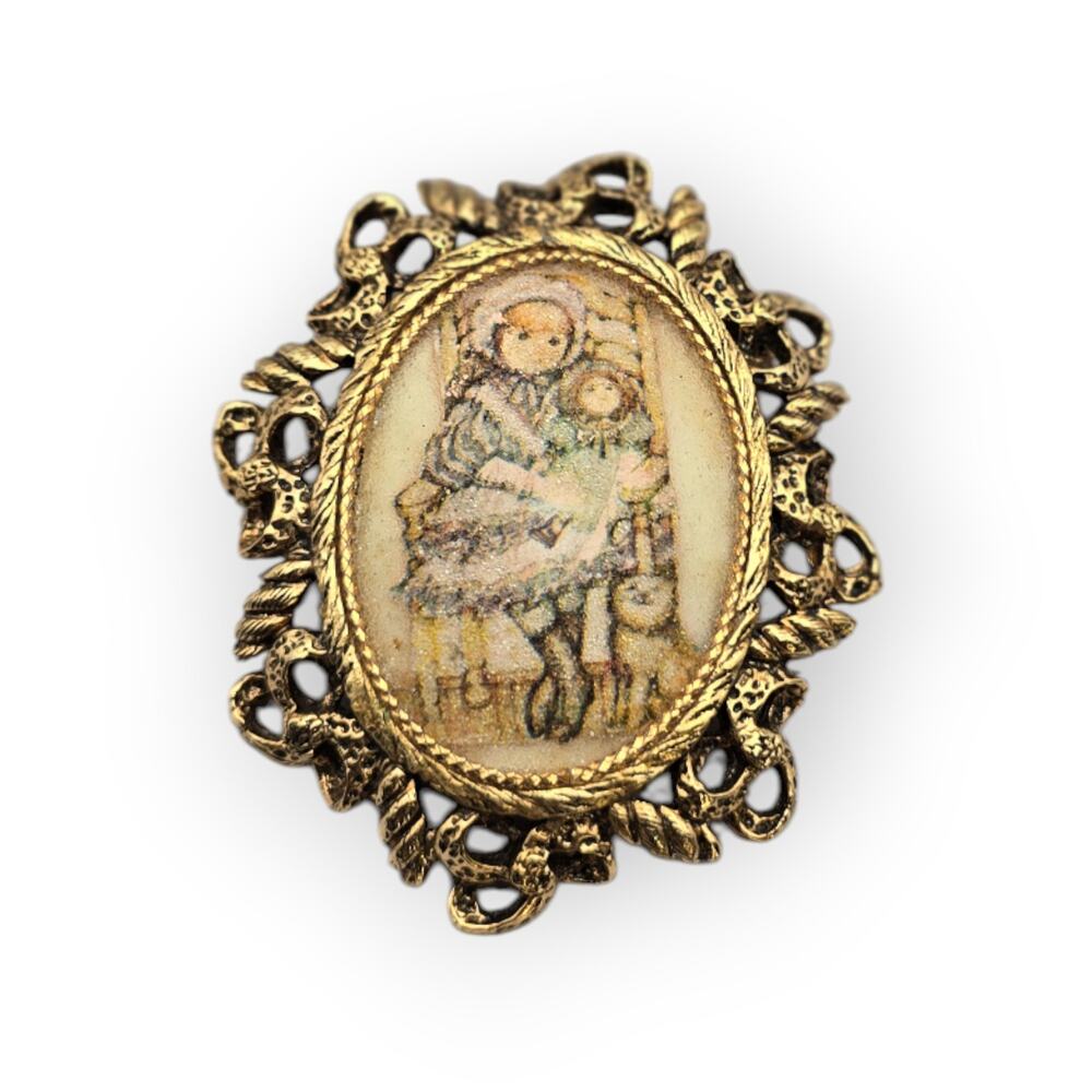 Victorian Revival Cameo Pendant Brooch – Girl with Doll Motif Vintage